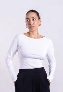  Ribbed Boat Neck Long Sleeve T-Shirt, White Pantee