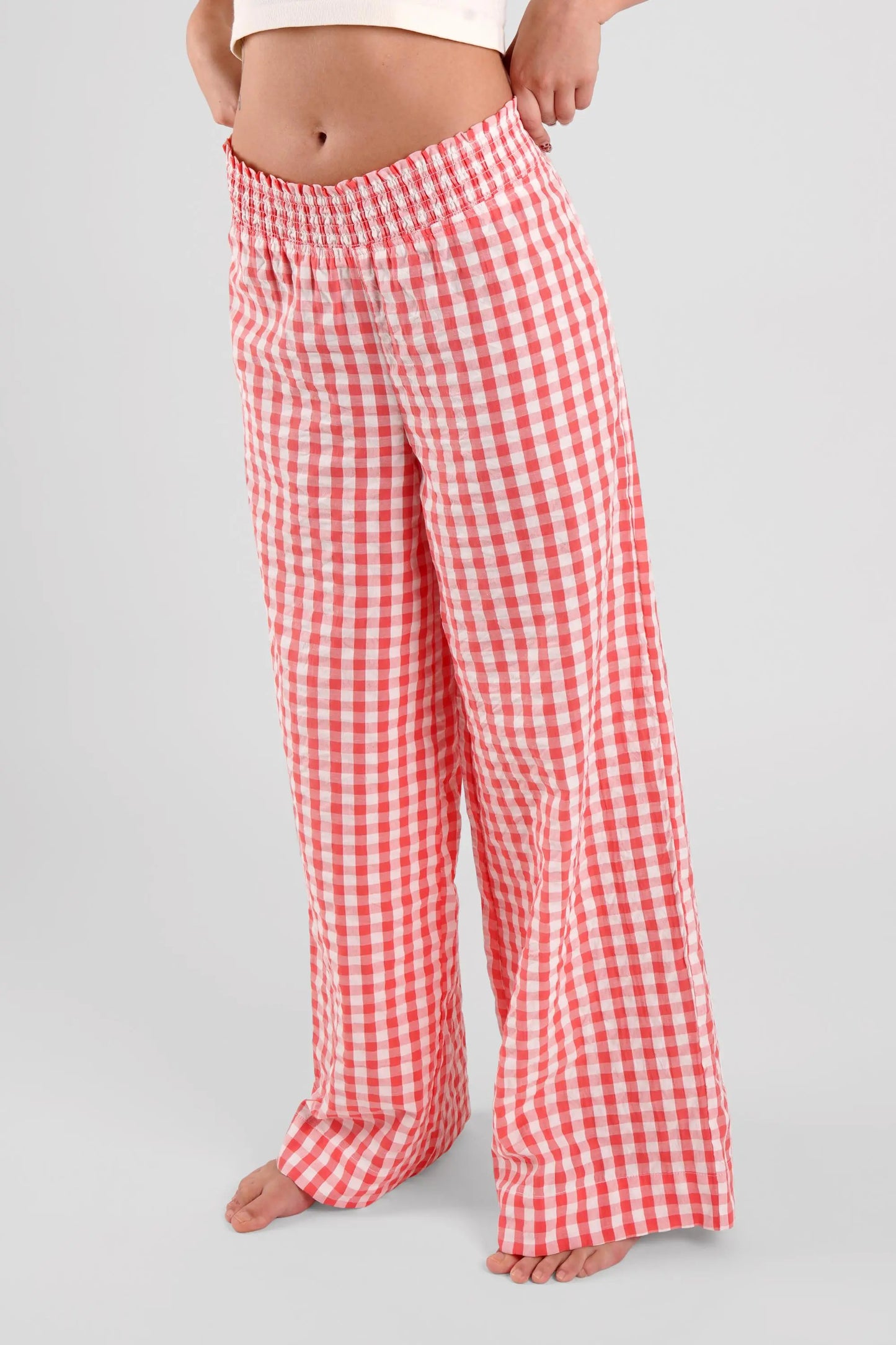 Robinia Gingham Check Ethical-Cotton Trousers - Canyon Peach Peachaus