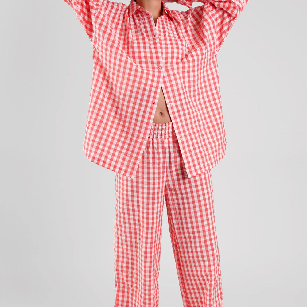 Robinia Gingham Check Ethical-Cotton Trousers - Canyon Peach Peachaus