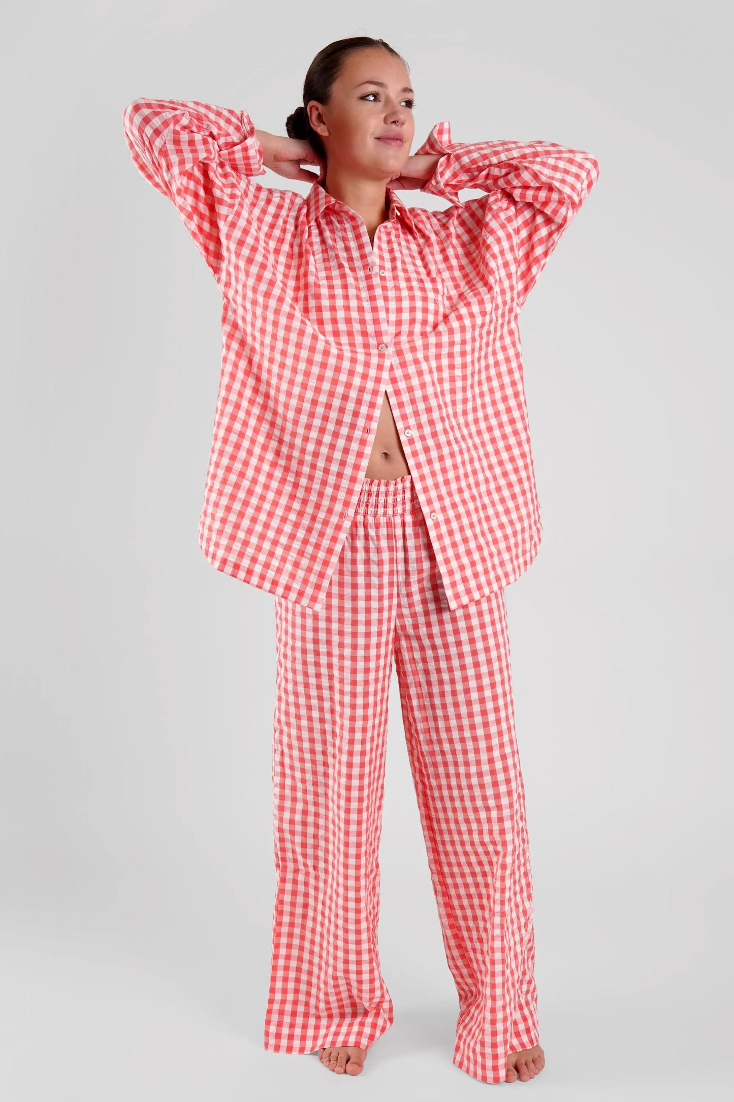 Robinia Gingham Check Ethical-Cotton Trousers - Canyon Peach Peachaus