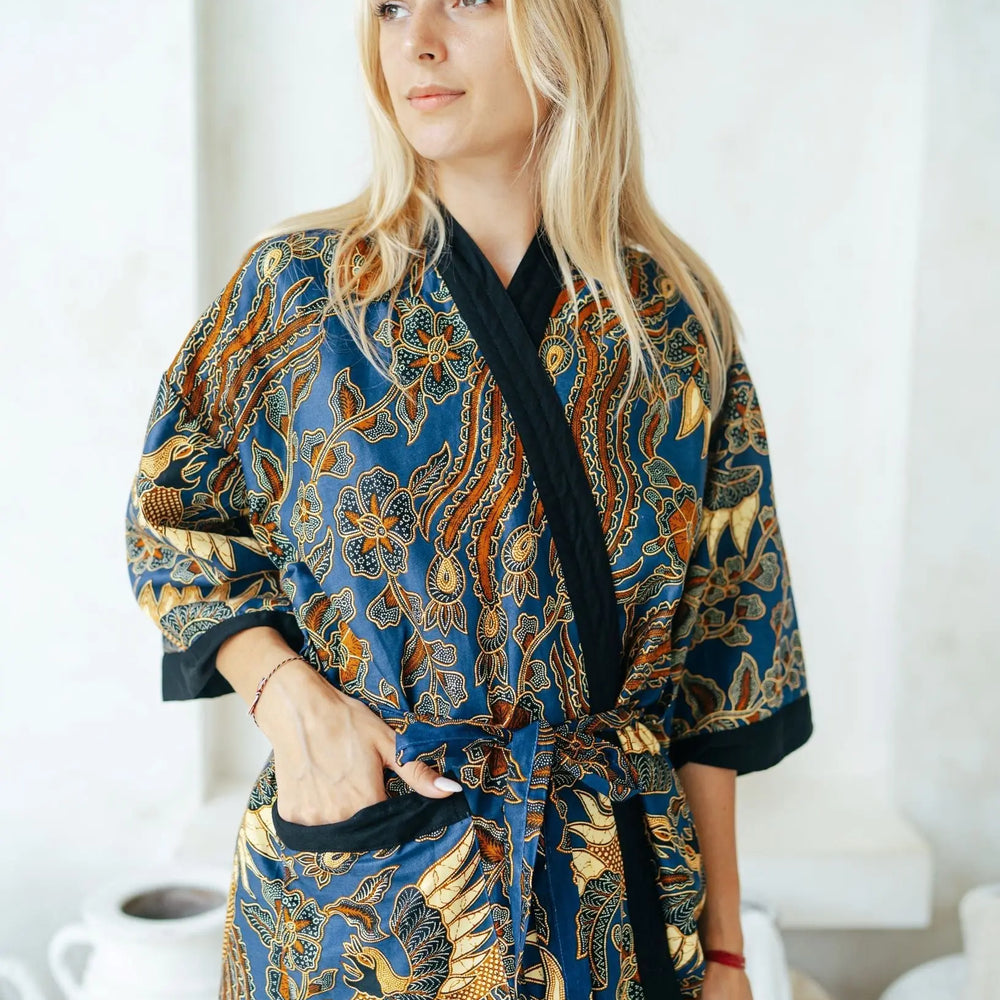 Royal Blue Batik Oriental Kimono Robe Wear the World