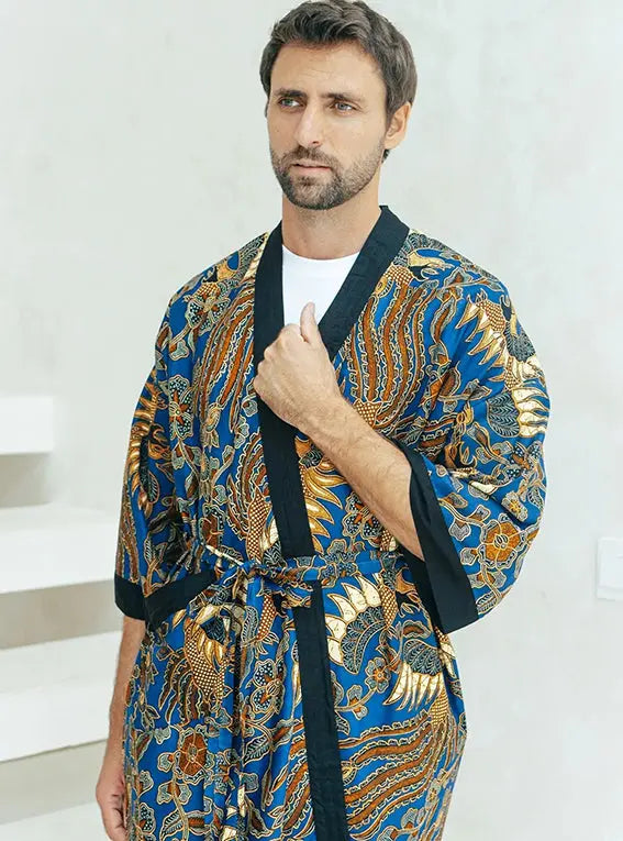 Royal Blue Cotton Men's Batik Robe SUKARA