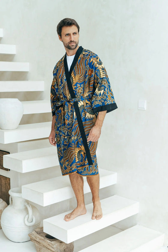 Royal Blue Cotton Men's Batik Robe Wear the World