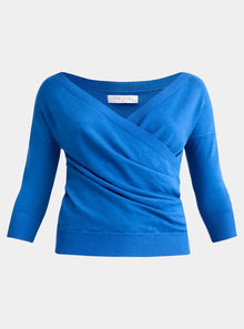  Royal Blue Knitted Wrap Top With 3/4 Sleeves Paisie