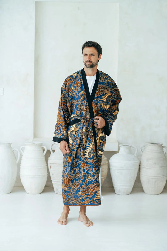 Royal Blue Men's Full Length Batik Robe Wear the World