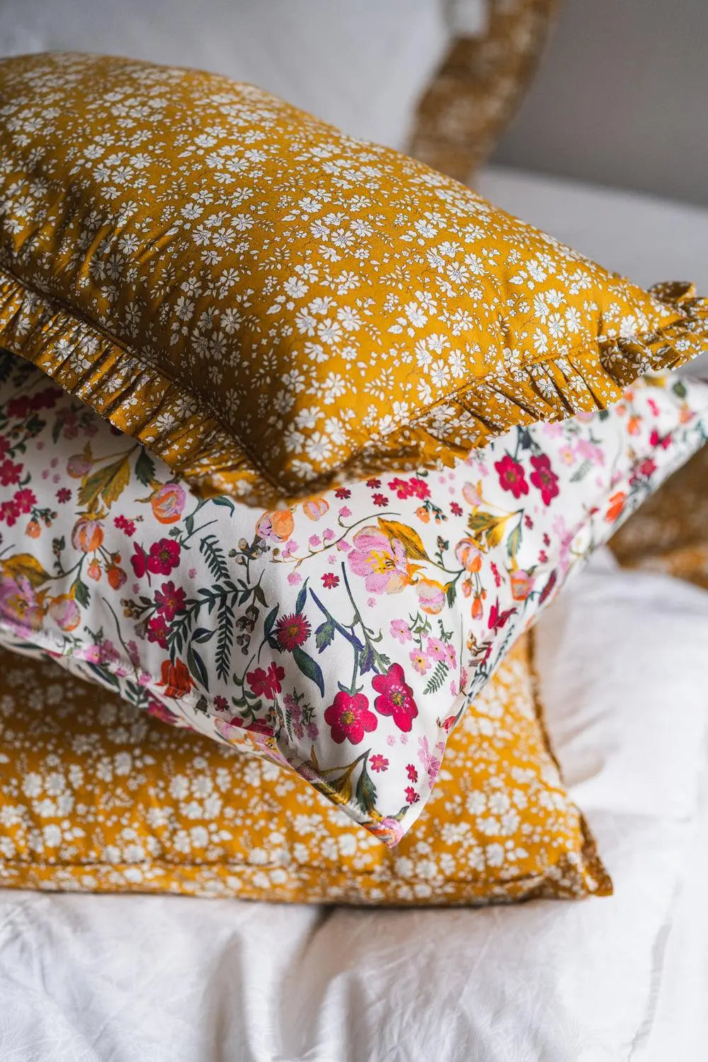 Ruffle Bolster Lumbar Cushion Made With Liberty Fabric CAPEL MUSTARD Coco & Wolf