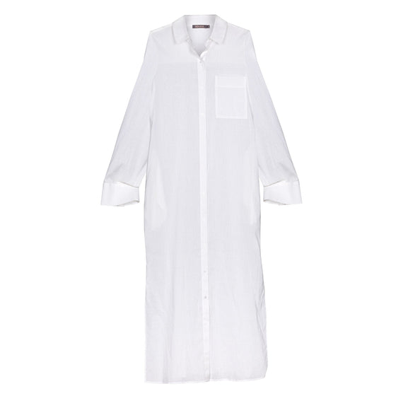 White Linen Voile Button-Down Long Shirt Dress - Myza