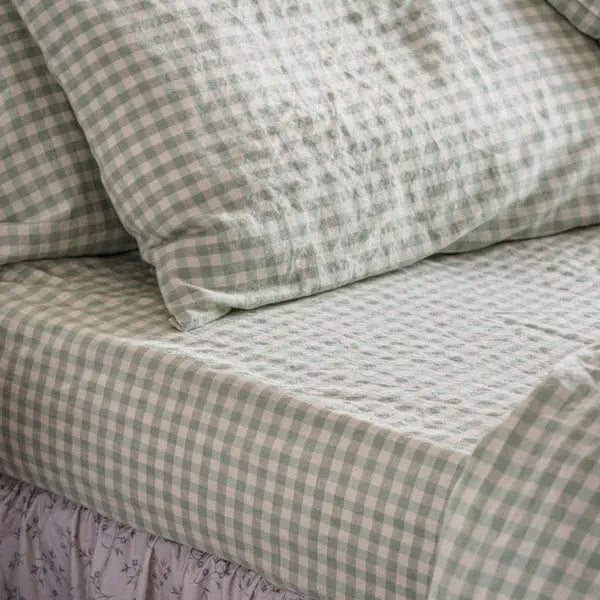 Sage Green Gingham Linen Blend Fitted Sheet Piglet