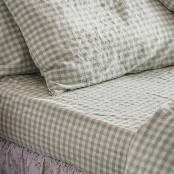 Sage Green Gingham Linen Blend Fitted Sheet Piglet