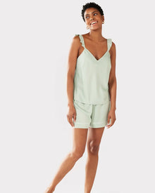  Sage Satin Frill Trim Cami Short Pyjama Set Chelsea Peers