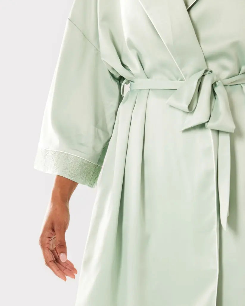 Sage Satin Lace Trim Robe Dressing Gown Chelsea Peers