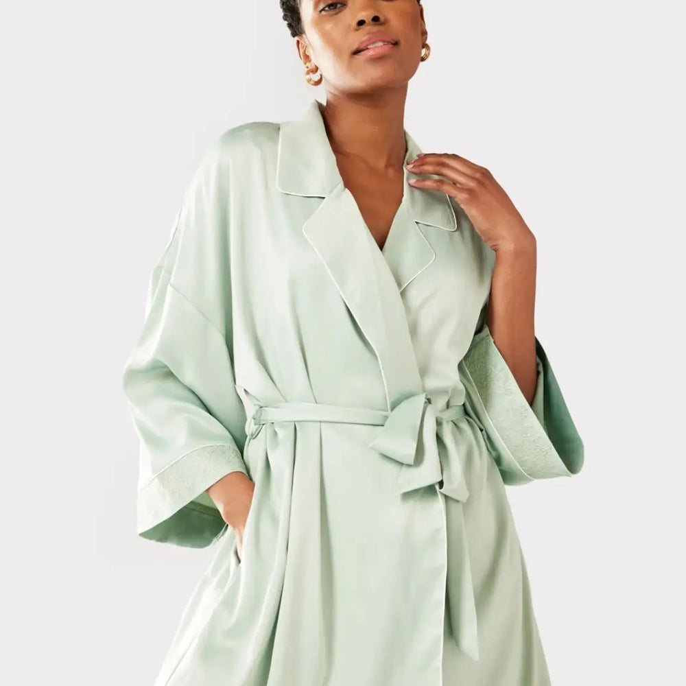 Sage Satin Lace Trim Robe Dressing Gown Chelsea Peers