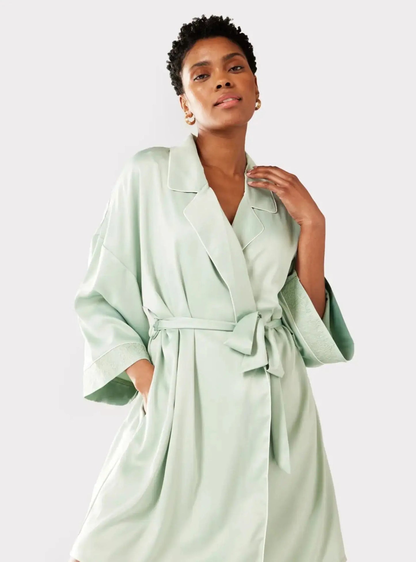 Sage Satin Lace Trim Robe Dressing Gown Chelsea Peers