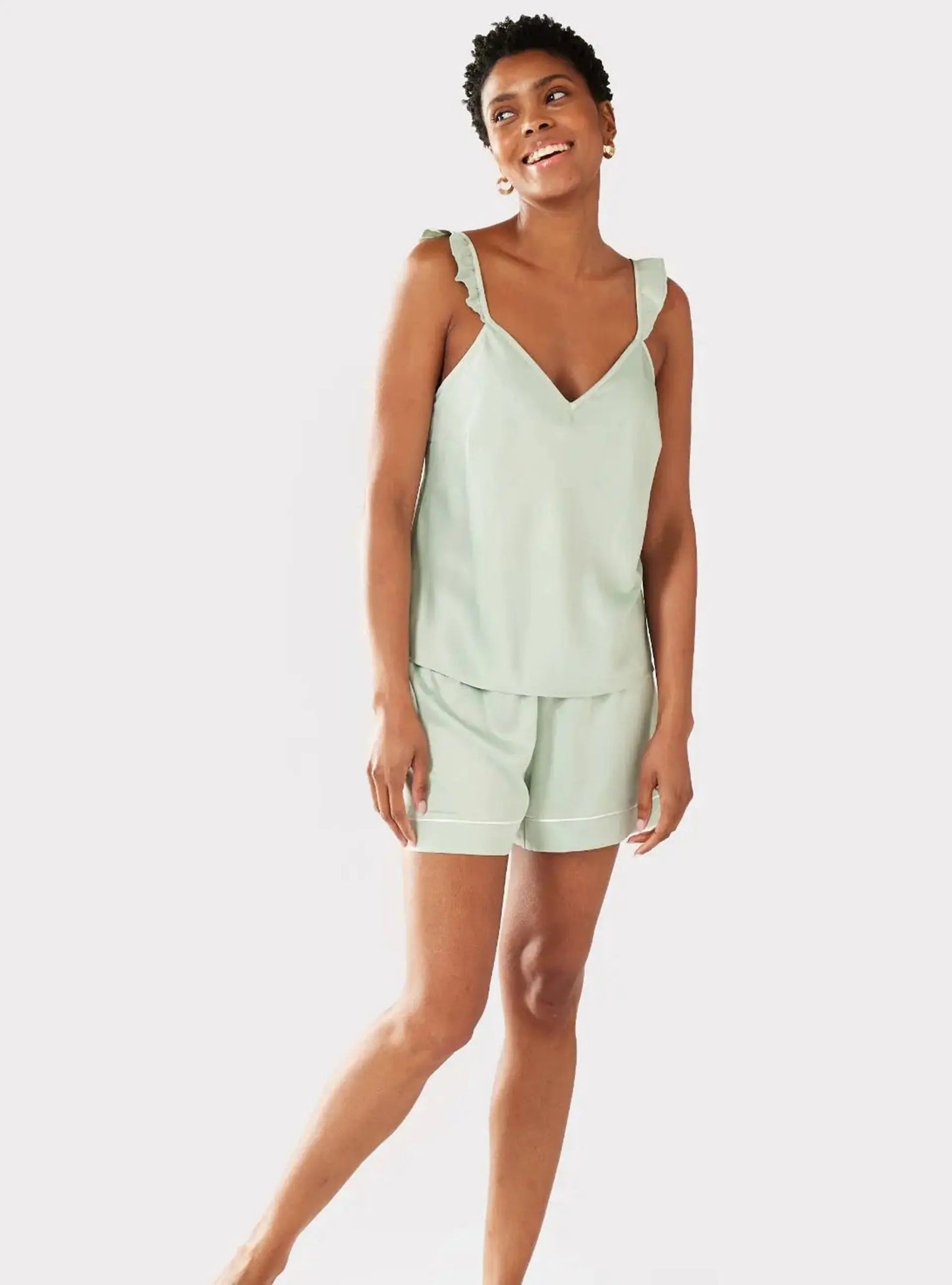 Sage Women's Satin Frill Trim Cami Short Pyjama Set Chelsea Peers