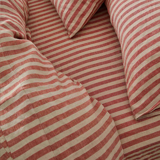 Sandstone Red Pembroke Stripe Linen Blend Fitted Sheet Piglet