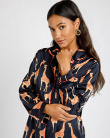  Satin Navy Giraffe Print Long Pyjama Set Chelsea Peers