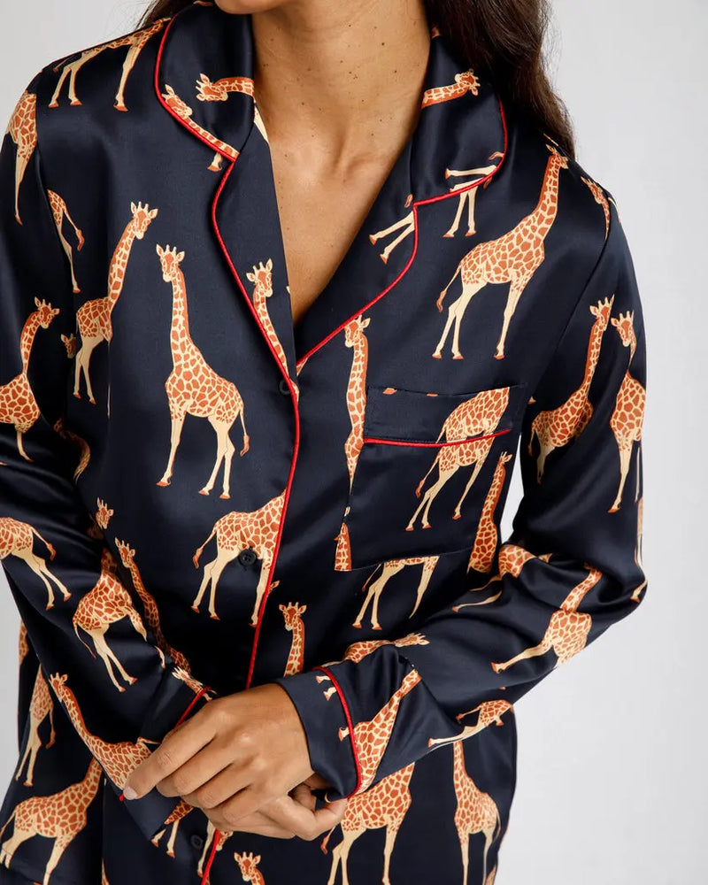 Satin Navy Giraffe Print Women's Long Pyjama Set Chelsea Peers