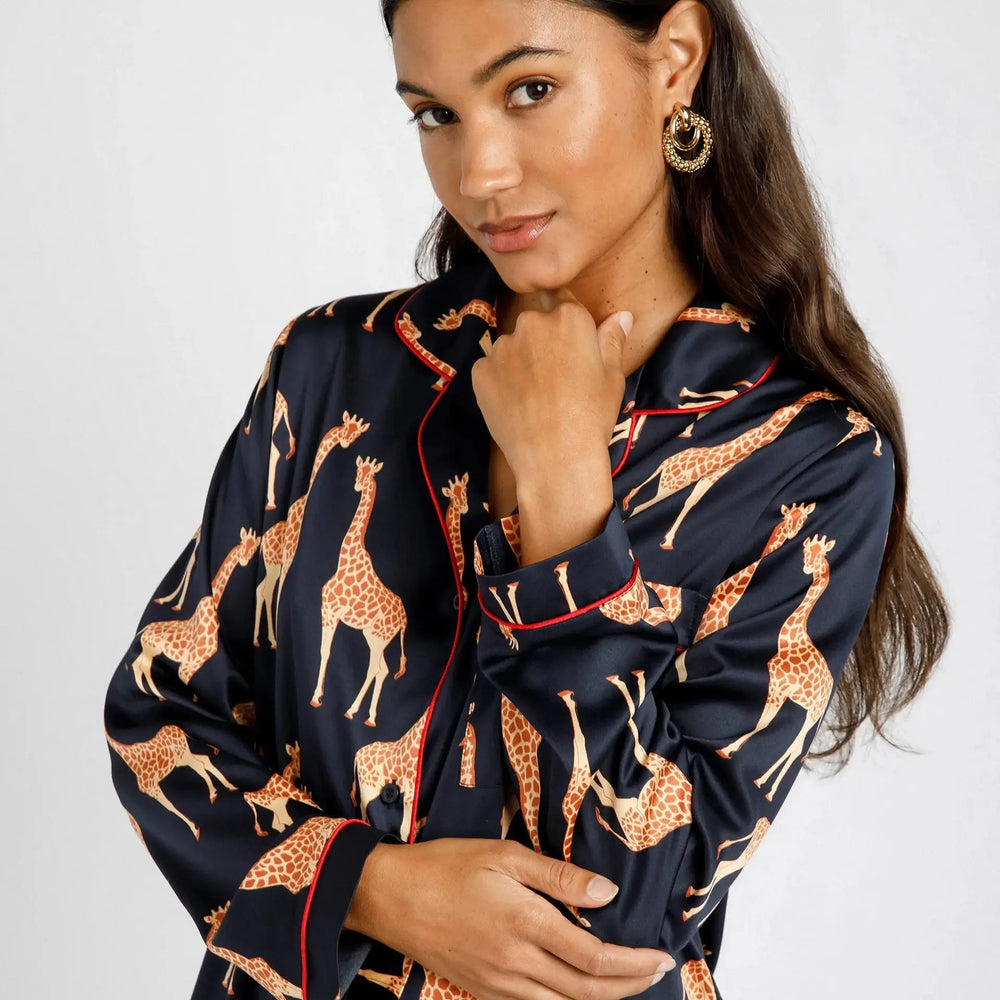 Satin Navy Giraffe Print Women's Long Pyjama Set Chelsea Peers