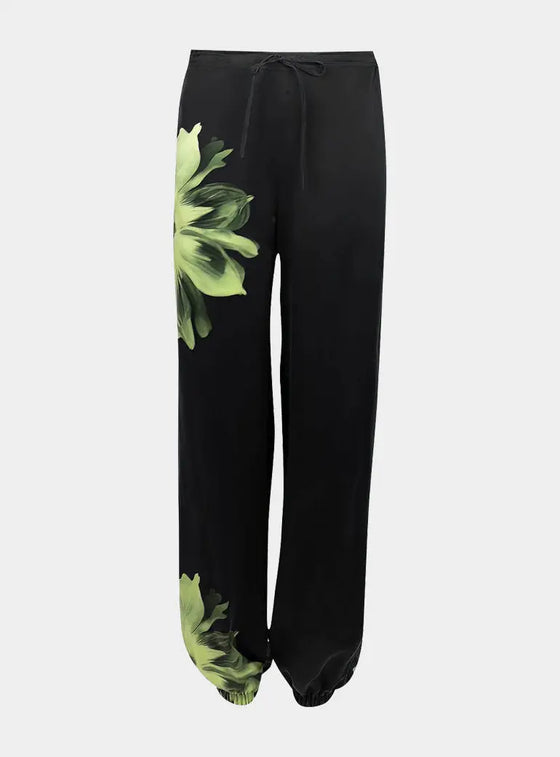 Silk Dreamscape Pyjama Pants Black Flower NOKAYA