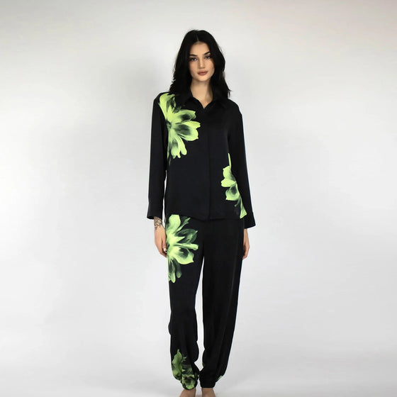 Silk Dreamscape Pyjama Pants Black Flower NOKAYA