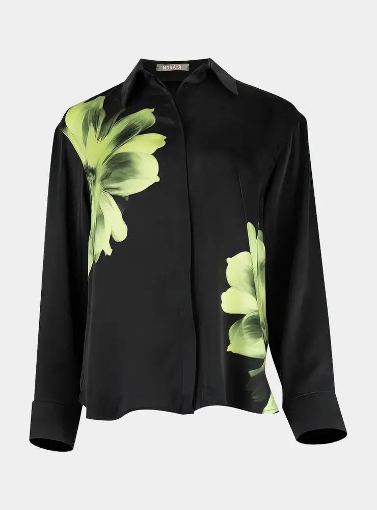 Silk Dreamscape Pyjama Shirt Black Flower NOKAYA