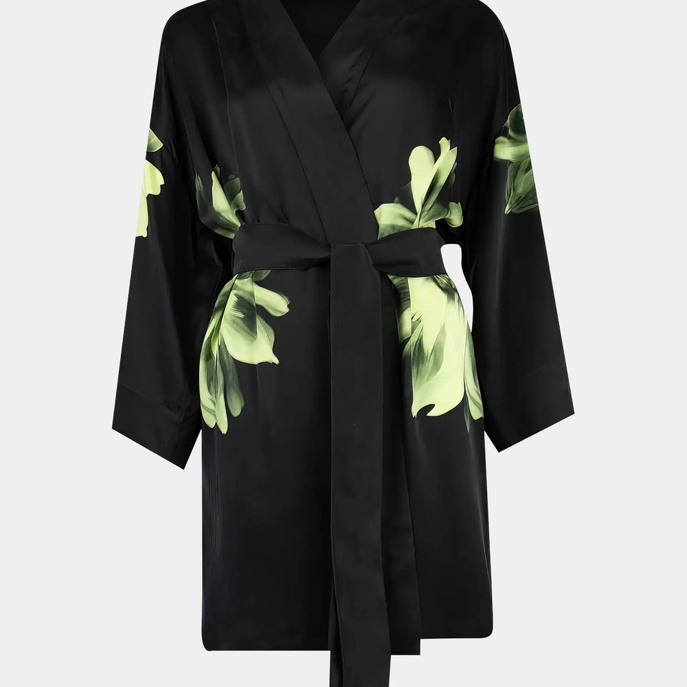 Silk Dreamscape Short Kimono Robe Black Flower NOKAYA