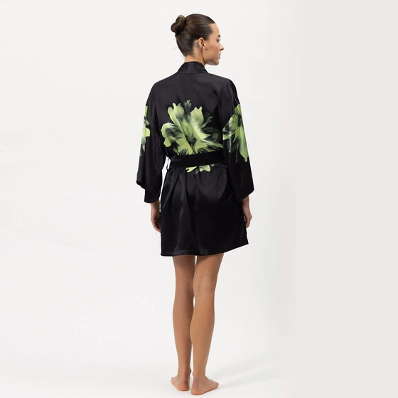 Silk Dreamscape Short Kimono Robe Black Flower NOKAYA