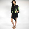 Silk Dreamscape Short Kimono Robe Black Flower NOKAYA