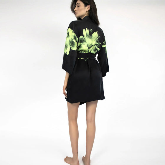 Silk Dreamscape Short Kimono Robe Black Flower NOKAYA