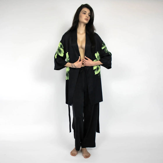 Silk Dreamscape Short Kimono Robe Black Flower NOKAYA