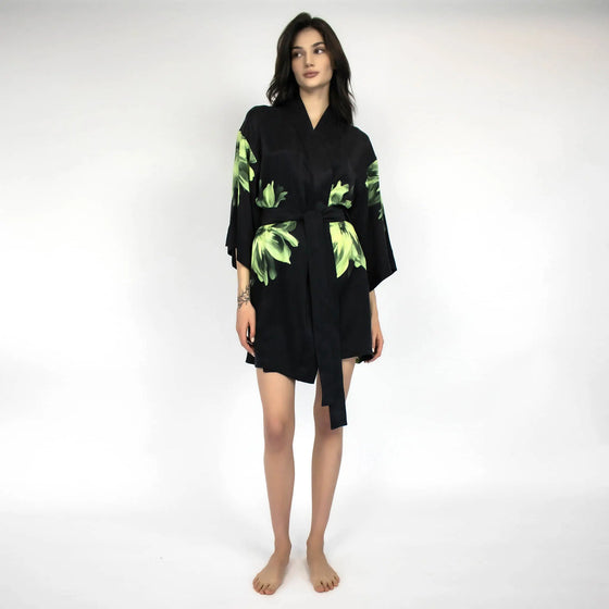 Silk Dreamscape Short Kimono Robe Black Flower NOKAYA