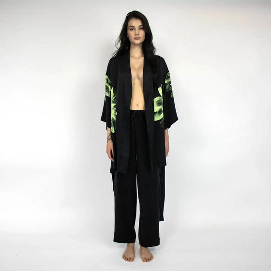 Silk Dreamscape Short Kimono Robe Black Flower NOKAYA