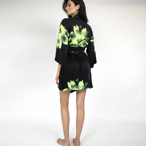 Silk Dreamscape Short Kimono Robe Black Flower NOKAYA