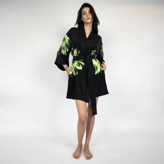 Silk Dreamscape Short Kimono Robe Black Flower NOKAYA