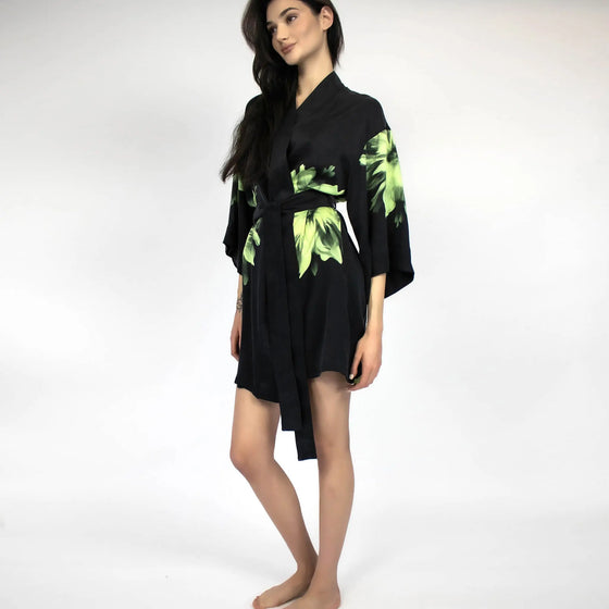 Silk Dreamscape Short Kimono Robe Black Flower NOKAYA