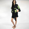 Silk Dreamscape Short Kimono Robe Black Flower NOKAYA