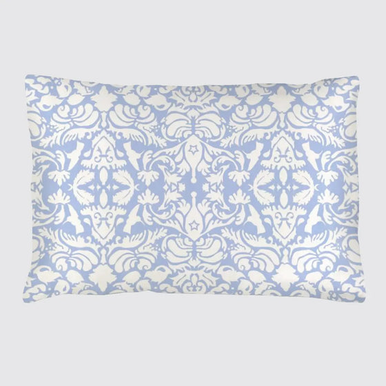 Silk Pillowcase - Pale Blue With White Hummingbird Damask Pattern Long Studio Design