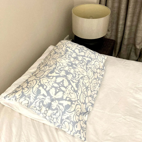 Silk Pillowcase - Pale Blue With White Hummingbird Damask Pattern Long Studio Design