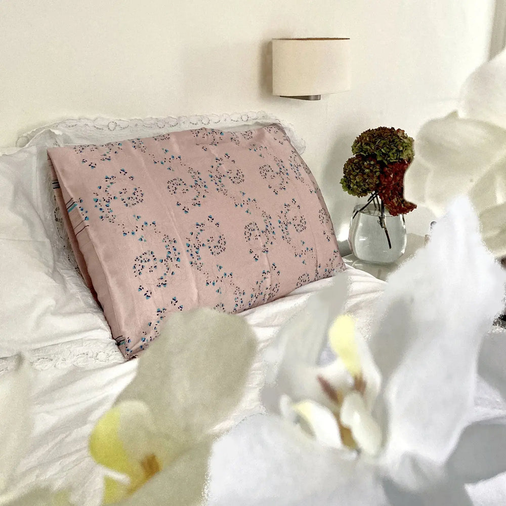 Silk Pillowcase - Pink With Fibonacci Turquoise Flowers Long Studio Design