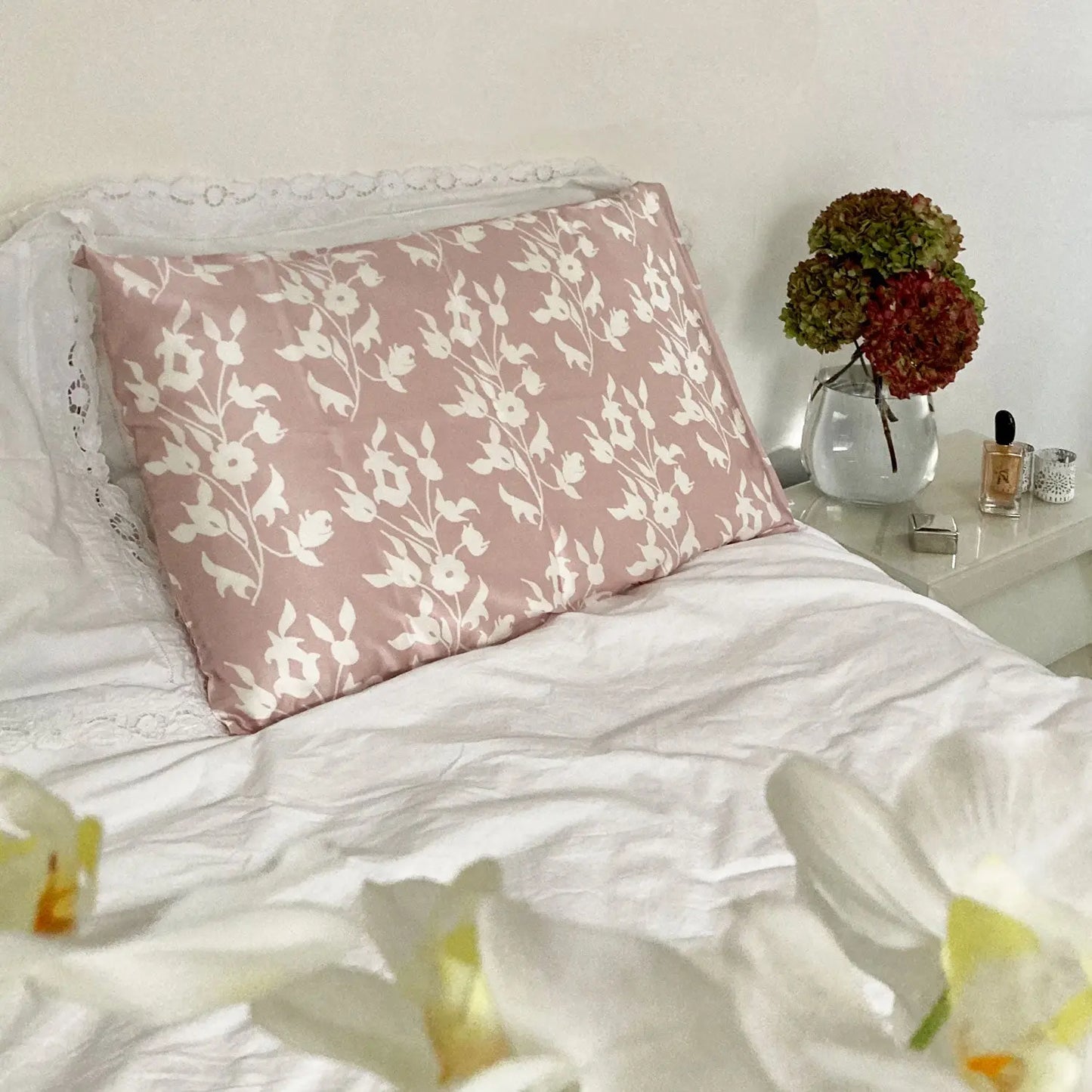 Silk Pillowcase - Pink With White Foliage Long Studio Design