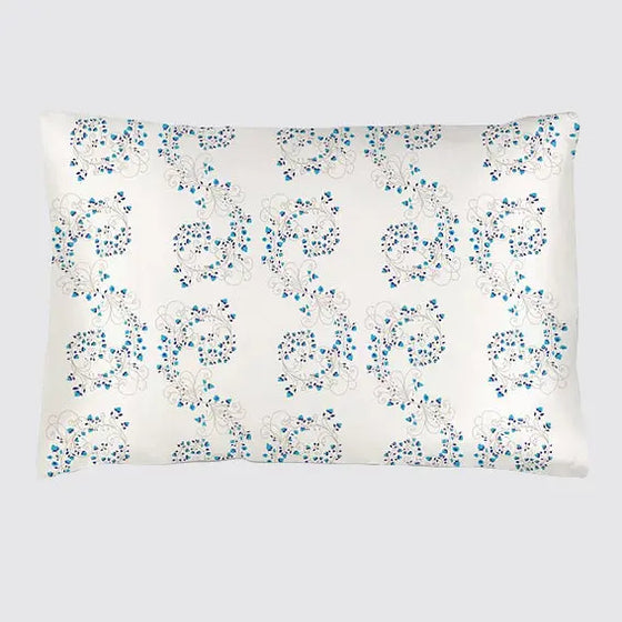 Silk Pillowcase - White With Fibonacci Turquoise Flowers Long Studio Design