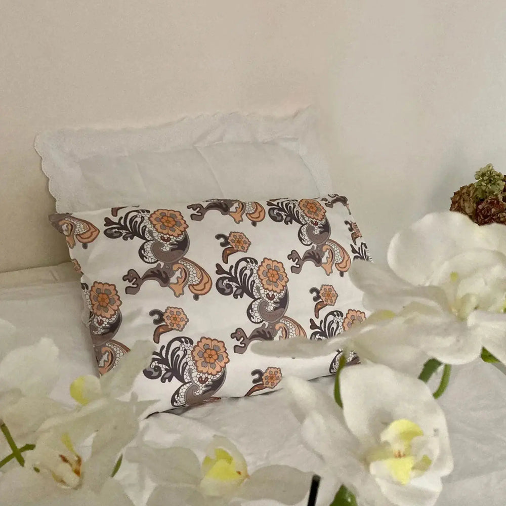 Silk Pillowcase With Orange and Tan Flower Lace Pattern Long Studio Design