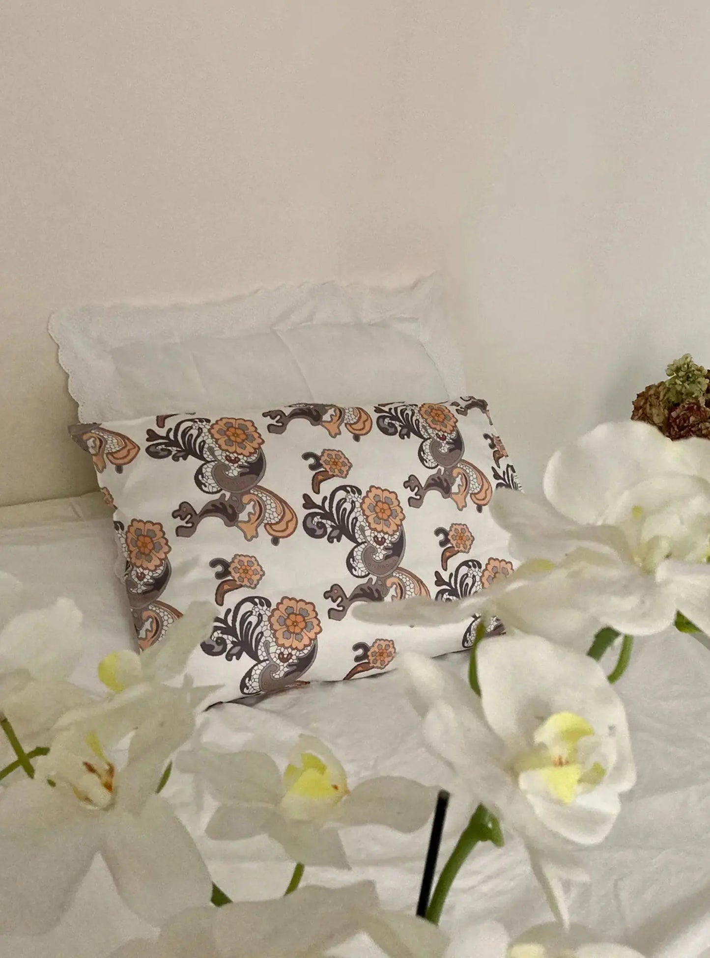 Silk Pillowcase With Orange and Tan Flower Lace Pattern Long Studio Design