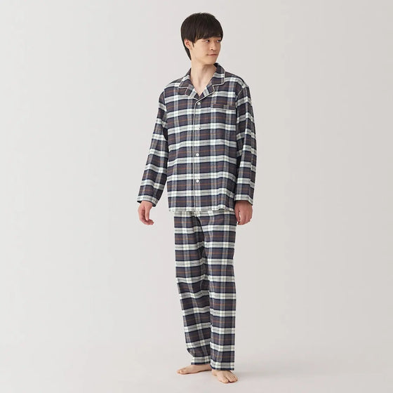 Smoky Brown Check Men's Side Seamless Flannel Pyjamas MUJI UK