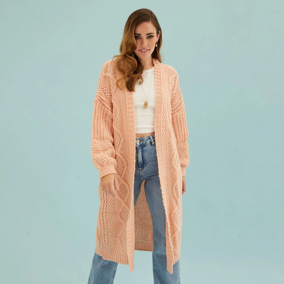 Stevie Cable Balloon Sleeve Long Cardigan - Peach Cara & The Sky