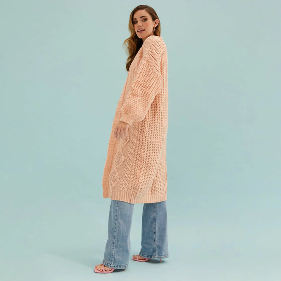 Stevie Cable Balloon Sleeve Long Cardigan - Peach Cara & The Sky