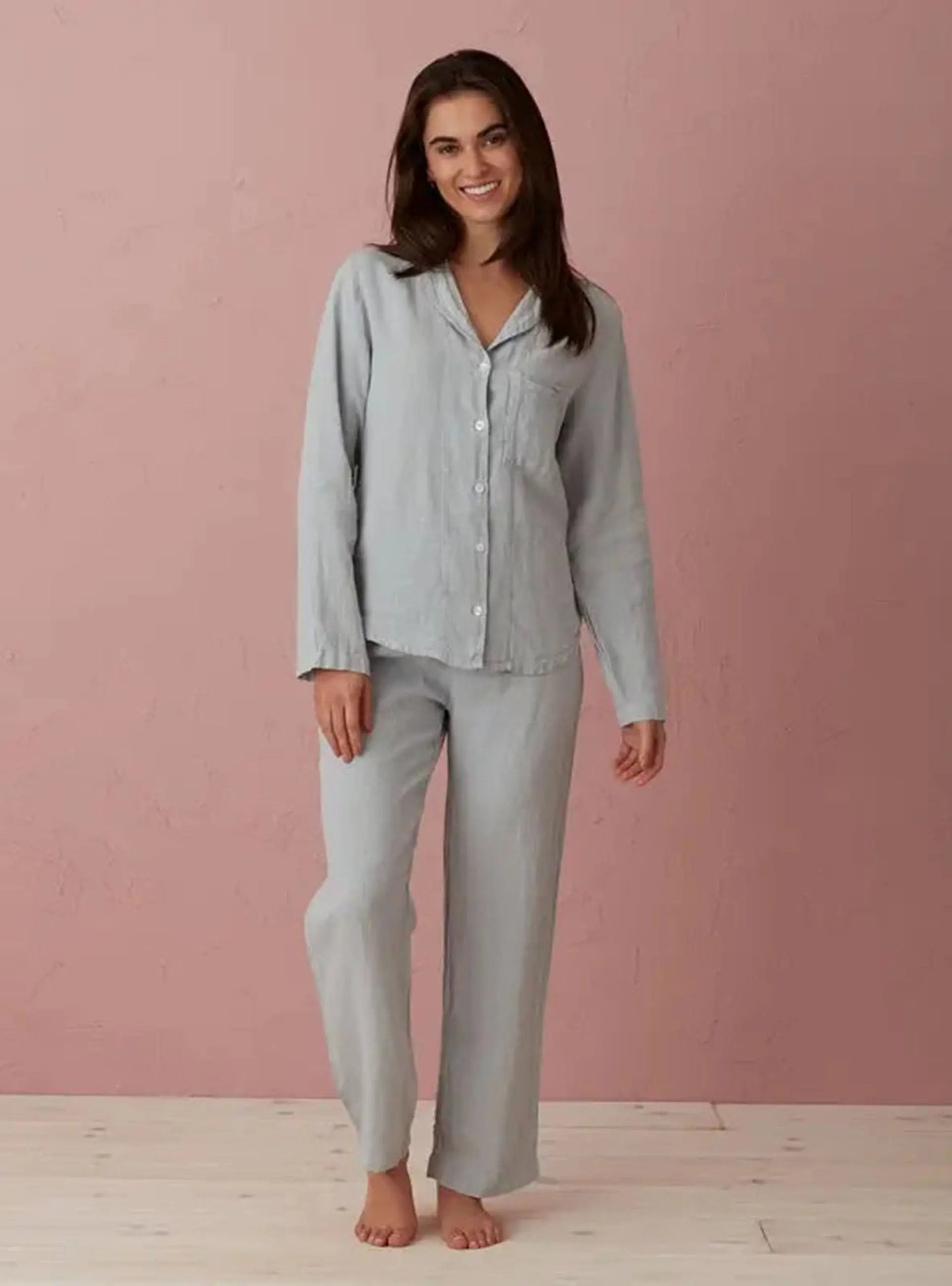 Stone Grey Polly 100% Linen Pyjama Top The Secret Linen Store