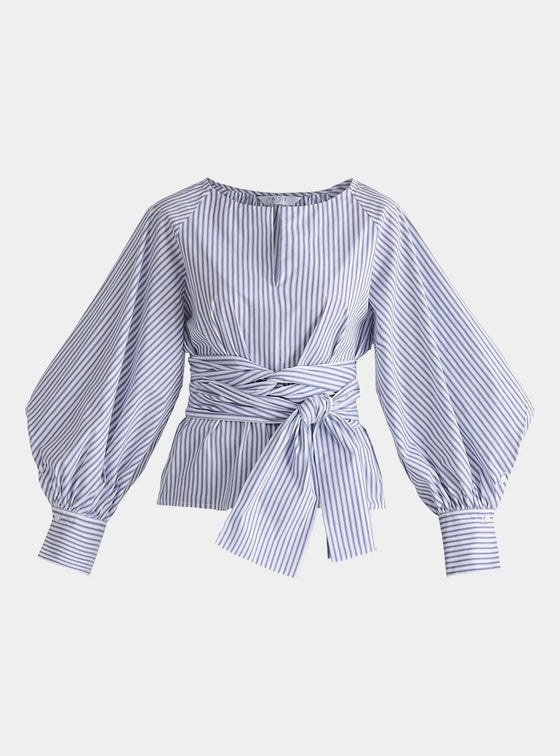 Striped Volume Sleeve Blouse With Matching Belt Paisie