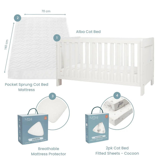 Supreme Alba Cot Bed, Mattress & Bedding Bundle Tutti Bambini