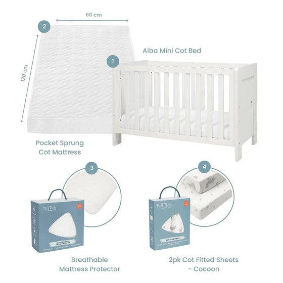 Supreme Alba Mini Cot Bed, Mattress & Bedding Bundle Tutti Bambini